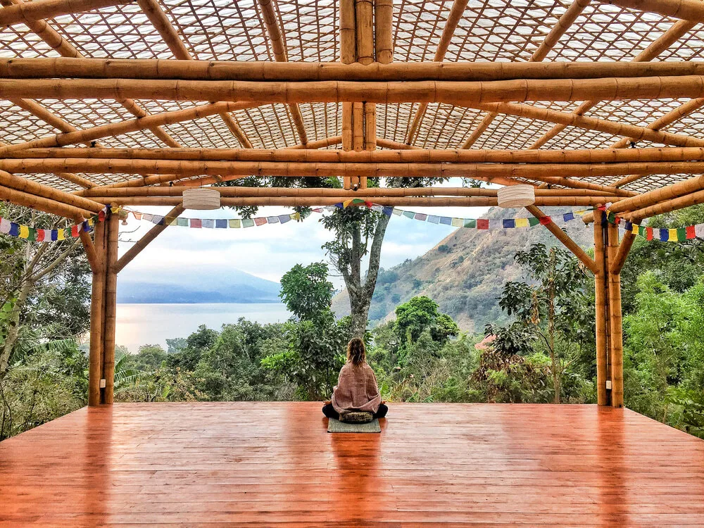 The open-air yoga deck at Casa Kula, looking out over Lake Atitlán