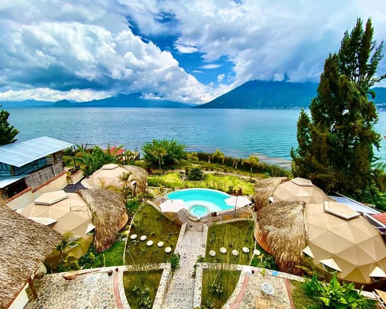 Kula Maya's gardens and pool beside Lake Atitlán